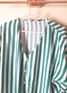 Green &amp; White Striped Tie-Front Top