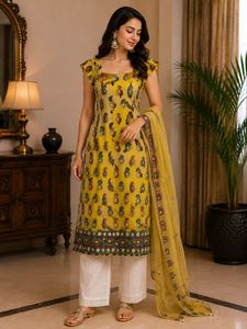 Yellow y2kPrinted Kurta Set with Dupatta