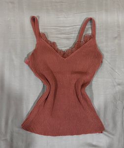 Y2K Ribbed Lace Trim brown Cami Top