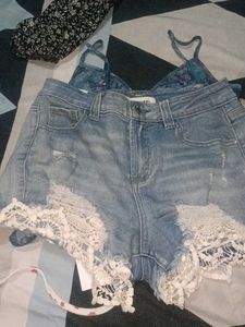 Distressed Denim Shorts with Lace Trim