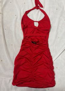Red Ruched Halter Neck Mini Dress