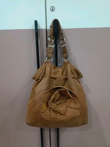 Brown Suede Hobo Bag with Flower Detail