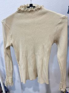 Ribbed Mock Neck Lace Trim Top