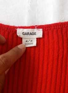 Red Ribbed Button-Front Top