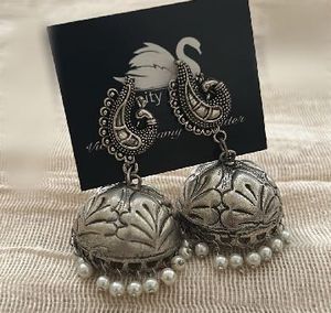 Antique Silver Peacock Jhumka Earrings