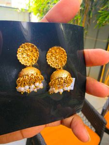 Elegant Gold Jhumka Earrings with Pearls