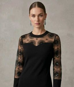 Black mini dress with sheer, embroidery long sleev