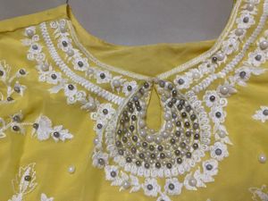 Pearls &amp; Embroided Yellow Kurta Set