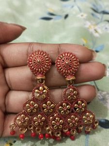 Boho Red &amp; Gold Floral Earrings