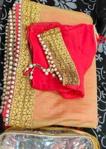 party wear  Gold pink  Saree with Embellished Bord
