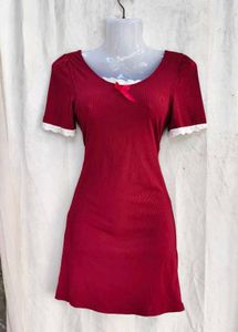 Chic Red Puff Sleeve Lace Trim Dress