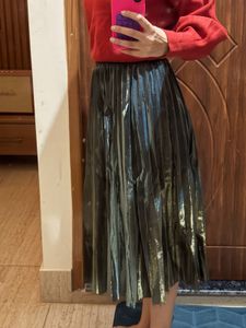Metallic Pleated Midi Skirt