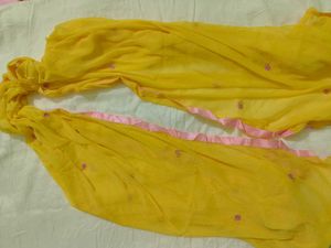 Vibrant Yellow Dupatta with Pink Border and flower