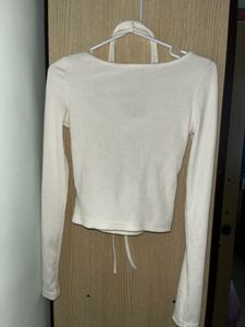 Cream Lace-Up Ribbed Crop Top