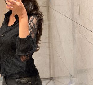 Sheer Black Lace Button-Up Top
