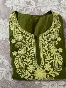 Embroidered Green Cotton Kurta