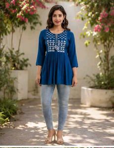 Stylish Blue Embroidered Kurti Top-All size Availa