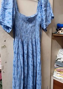 Blue Floral Smocked Midi Dress