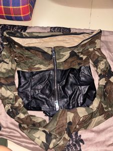 Camo &amp; Faux Leather Cropped Jacket