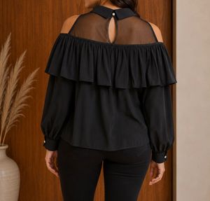 Chic Black Cold Shoulder Ruffle Top