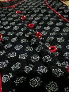 Black Printed Kurti with Red Polka-Dot Pants –