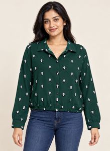 Green Panda Print Button-Up Shirt