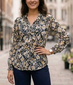 Floral Printed Chiffon Blouson Top - Long Sleeves