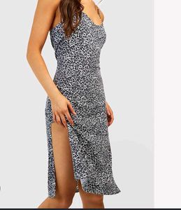 Leopard Print Slip Dress with High Slit
