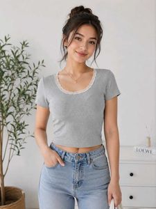 Ribbed Lace Trim Crop Top