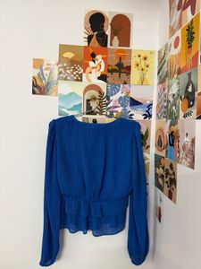 Stylish Blue Pleated Wrap Top