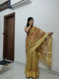 Embroidered Tan Saree with Red 🌹✨