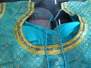Teal Brocade Blouse with Gold Print