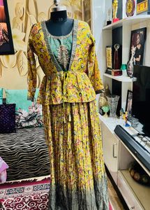 olive green Floral Peplum Lehenga Choli Set