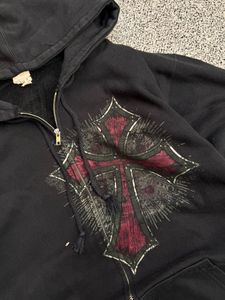 Black Zip-Up Hoodie with Cross Graphic
