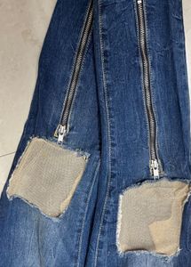 Distressed Blue Denim Jeans with Zipper Cuffs