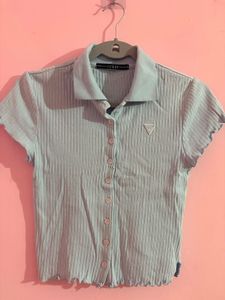 Baby Blue Ribbed Button-Up Top