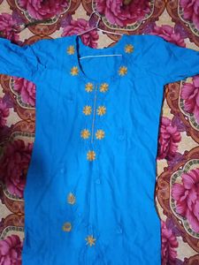 Blue Kurta with Yellow Embroidery