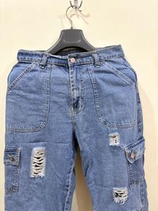 Distressed Denim Cargo Pants