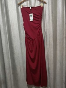 Burgundy Strapless Ruched Maxi Dress