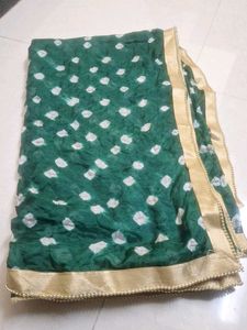 Green Bandhani Dupatta with Gold Border