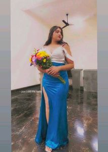 Elegant Blue &amp; White Off-Shoulder Gown