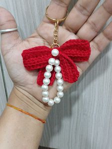 Handmade Red Bow Keychain with Pearls