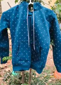 Teal Blue Printed Hoodie