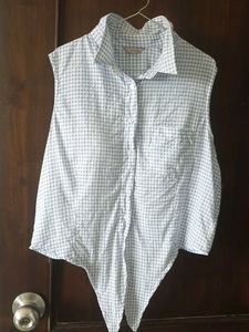 Blue Gingham Sleeveless Tie-Front Shirt no 100