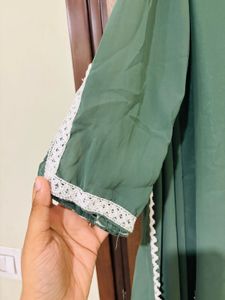 Green Kurta Set with White Pants &amp; Dupatta