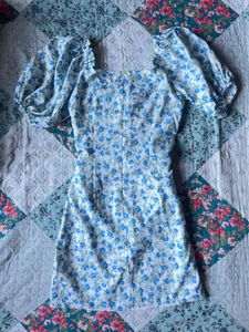 Blue Floral Ruched Mini Dress