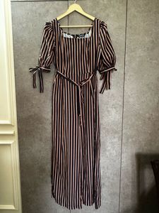 Striped Jumpsuit with Tie-up Sleeves