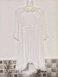 Elegant White Lace Trimmed High-Low Dress