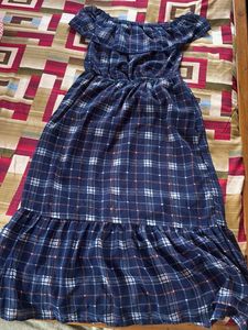 Blue Plaid Off-Shoulder Maxi Dress