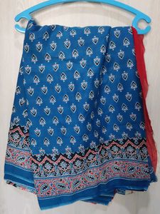 Beautiful Blue Block Print Saree - Pure Cotton